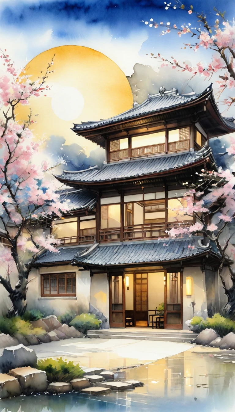 In the courtyard of ancient building.The sun shines under the cherry blossom trees,gently illuminates the entire scene,To present a harmonious fusion of natural beauty and artistic charm。Watercolor painting with elegance、Quiet style expresses natural scenery,Integrate the essence of oriental art into it skillfully。Smooth strokes of ink、Elegant tones and rustic paper texture,Together we create a peaceful and peaceful artistic atmosphere.。The overall effect appropriately reflects the inner charm of oriental art。