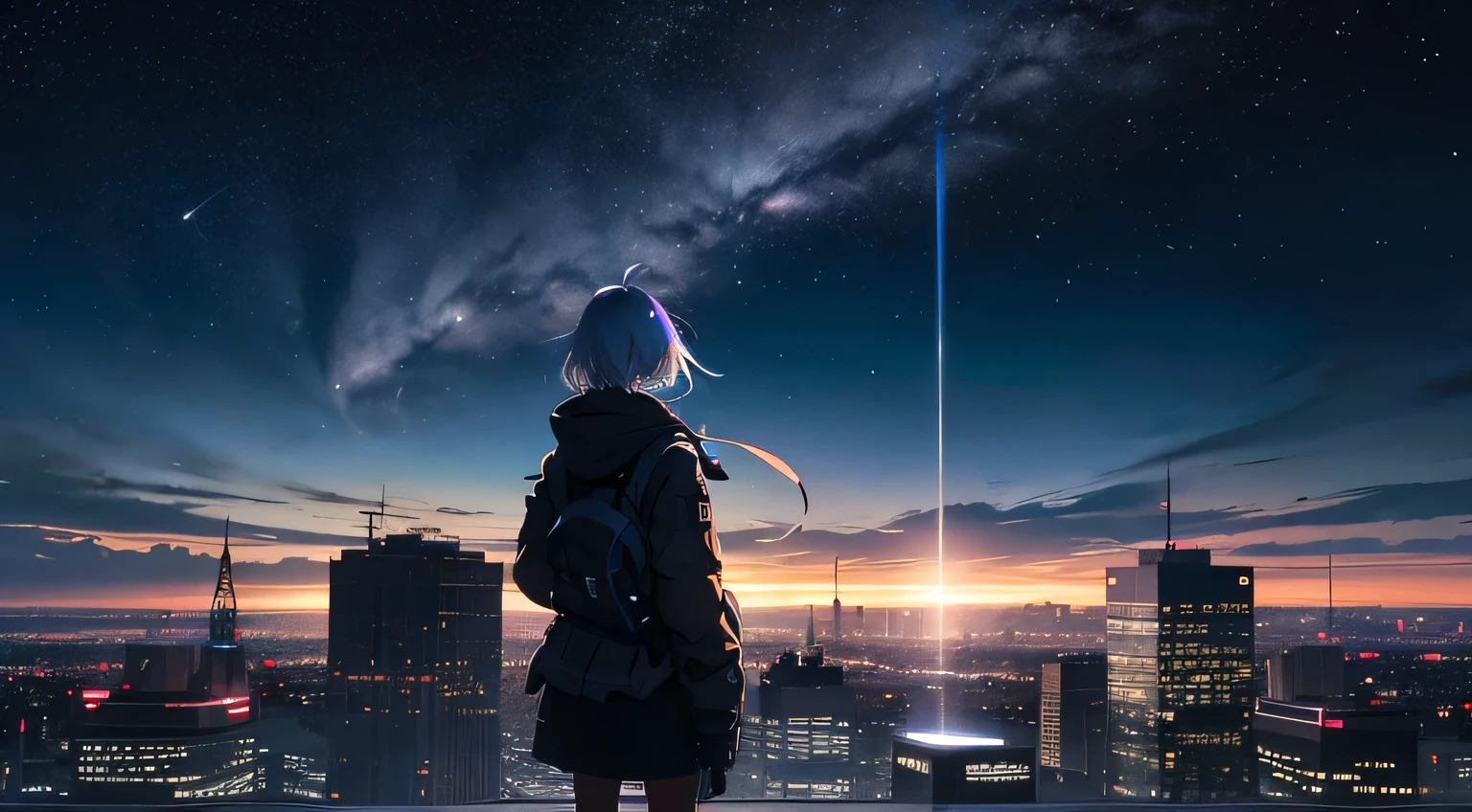 Illustrations that emphasize characters、Cyber City, (A girl standing on the roof of a building and looking up), Rear view, ( shooting star:0.9), Absurd, High resolution, (Official Art, beautifully、aesthetic:1.2), close, Bright Sky, A vast world, girl, Wear headphones, stare, Awe-inspiring expressions, Distant Horizon, cloud, High Hill, Natural Beauty, Inspiration, Light effects,