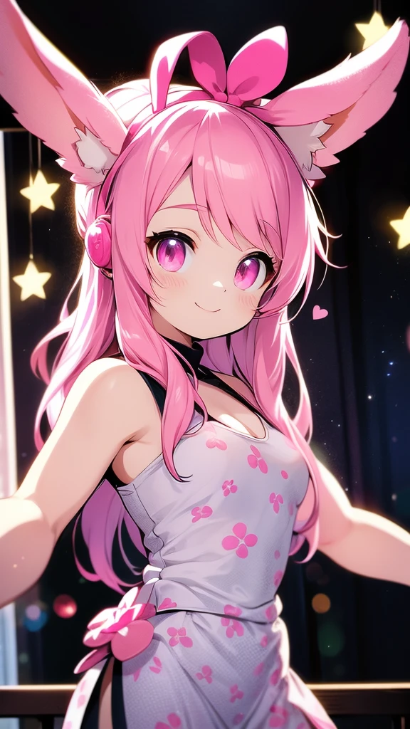 masterpiece, highest quality,excellent ???????、1 girl cute girl, pink hair, tiny red thong, back view, looking back , light pink hair、heterochromia eyes、idol type、cute lime green dress、Heart-shaped shining eyes、a smile that charms you, perfect ass, big ass, stonkings, garter belt