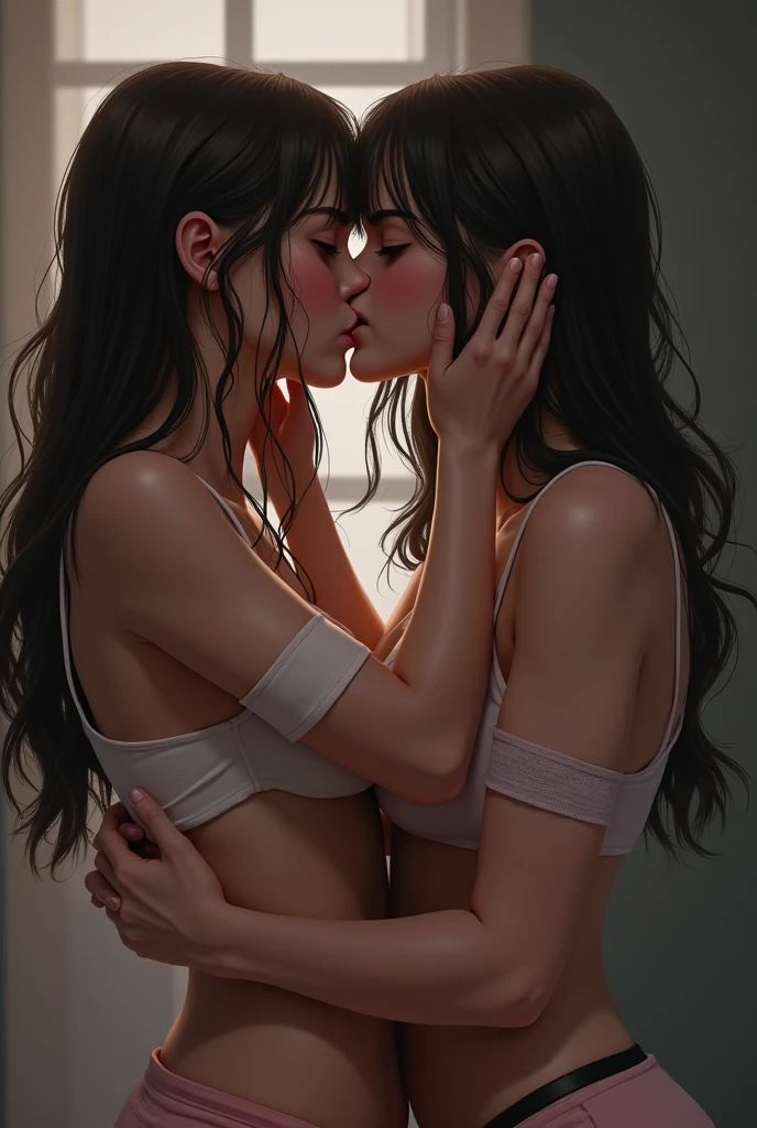 two women lesbian black long hair white leggings two girls on bed white skin face to face kissing horny no bra glasses
