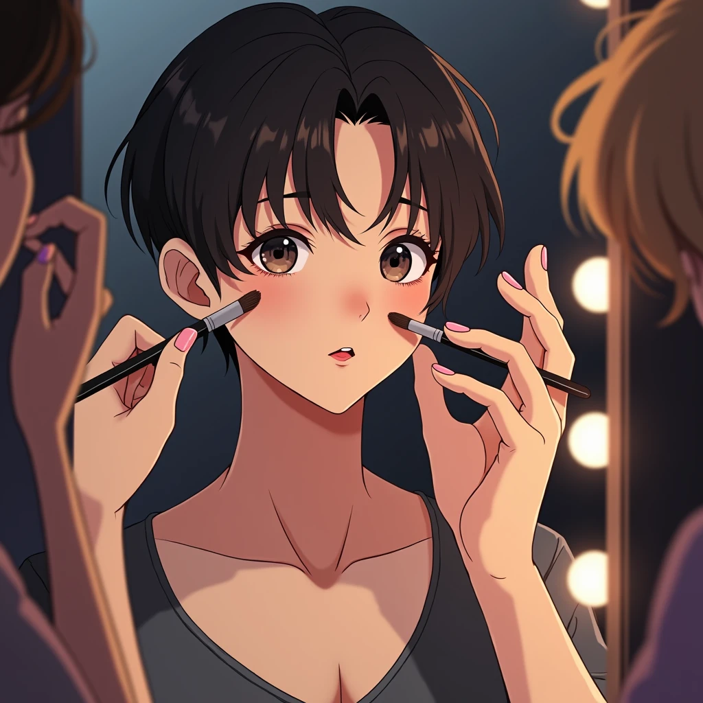 (1boy:1.3),(short hair:1.3),((独奏:1.25)),(Small breasts,Flat chested:1.0),(black  hair:1.2),(medium hair:1.1),(twilight eyes:1.2),((lace,shirt,tube top:1.2)),short sleeve,short hem clothes,open your mouth,kiss face,((deep-throating:1.1))Close-up of face,Smile,