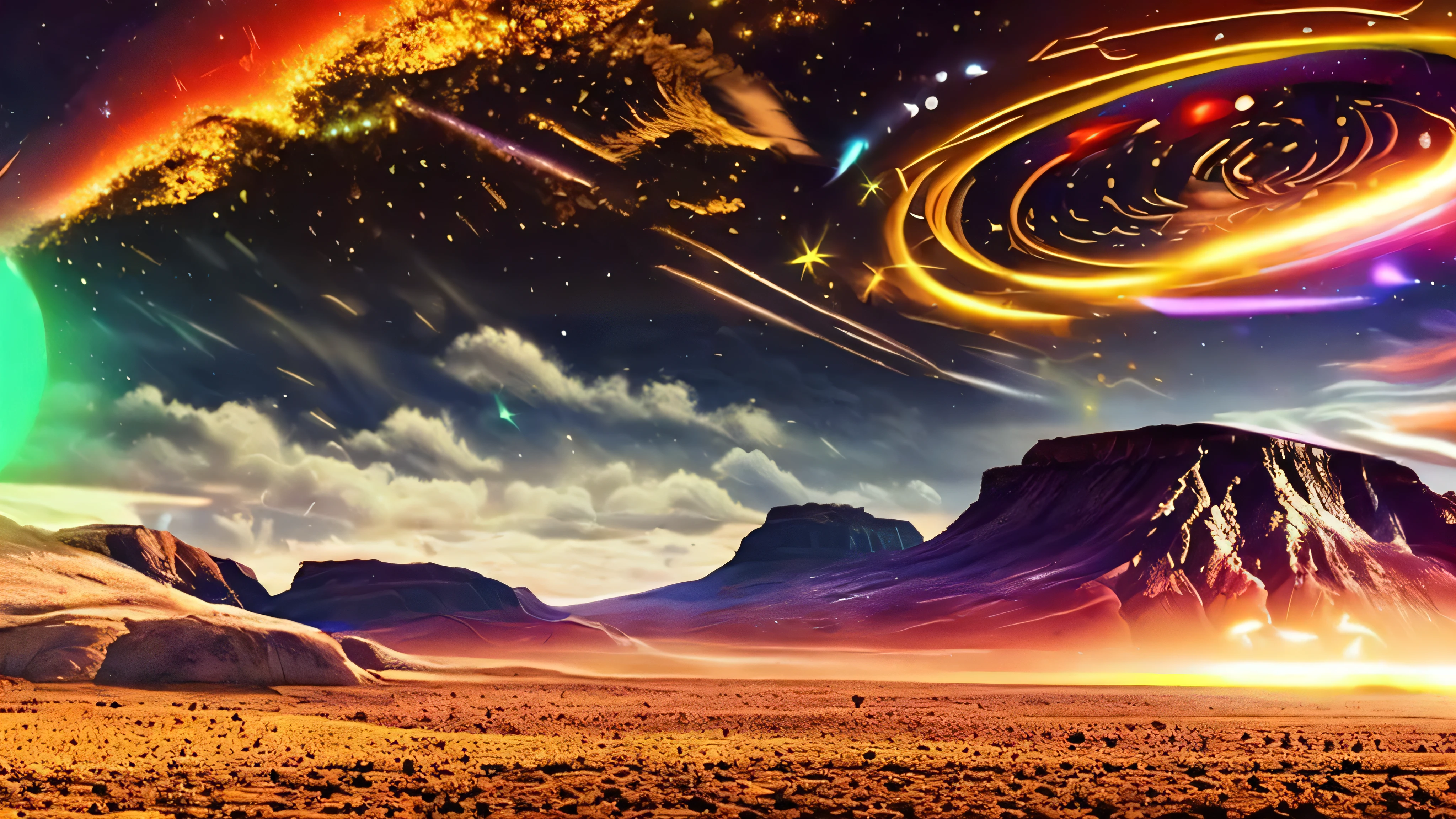 Shiny UFO, intense explosion, spaceship attack, rocky alien landscape, dramatic skies, Neon Lighting, surreal atmosphere, Cinematic scene, Science fiction, desert land, electric sparks.