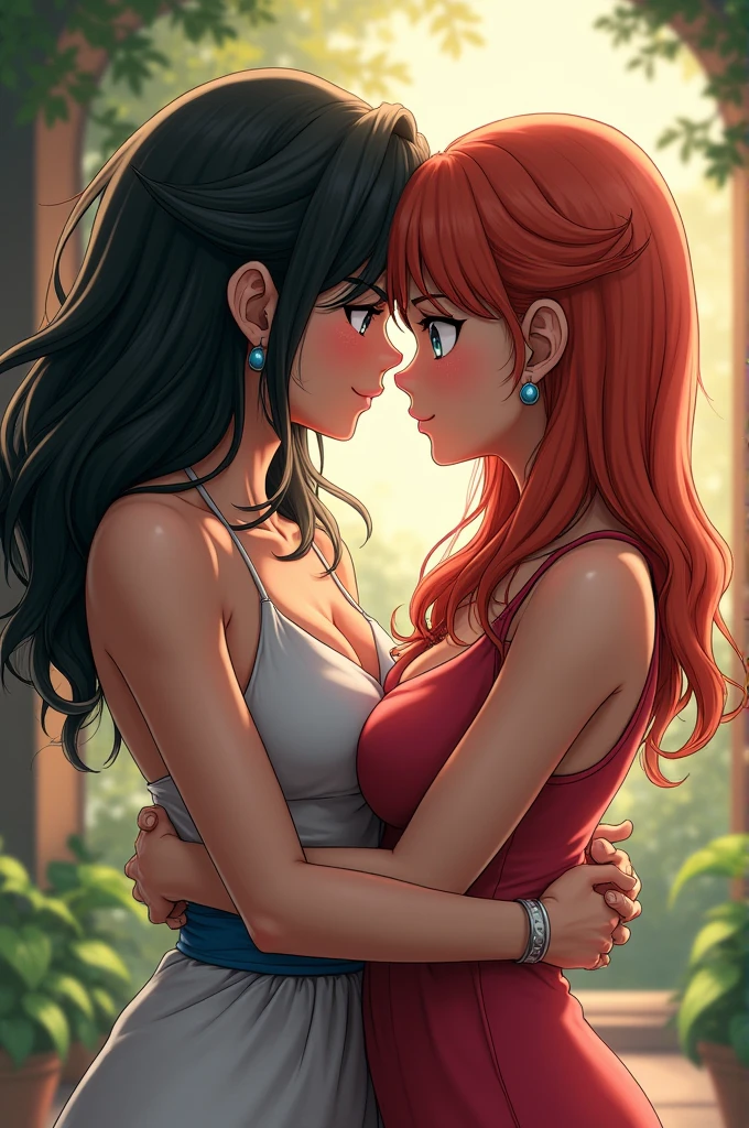 tsunade(naruto) hugging Velma(Scooby doo), They both have big breasts, they are touching each other and they are both on their knees, they are looking in my direction and naked