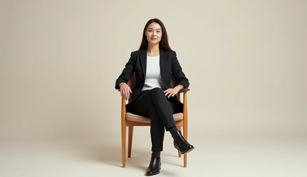 best qualityer:1.4), (ultra high resolution:1.2), (photorrealistic:1.4), (8k, CRU photo:1.2), 1 28 year old woman with white skin. Long straight black hair all swept to the right side. brown eyes . He is wearing a white shirt and a black dress shirt on top.. black dress pants. black highheels. She is sitting on top of a colorful cube. You are in a photography studio with a white background. Brazilian