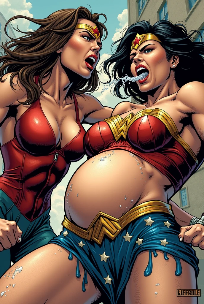 (((Poison Ivy))), (((Superman))), High quality, best quality, masterpiece, (((1boy, 1girl))), (((hetero:1.5))), mature woman, curves, (((long wavy redhead hair))), green eyes. cleavage. (((woman wearing black strapless leotard))), nsfw, (((couple focus))), (((lots of cum, ejaculating huge load))), (((ahegao, screaming orgasm face))), (((rape, rough sex, large penetration, suspended congress, carrying sex, torso grab, massive creampie, huge thick penis, stomach_bulge, large breasts, breast sucking))), (((side view)))