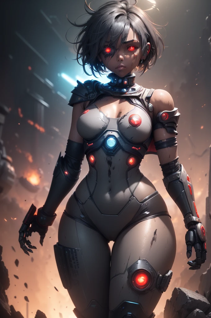 ((SFW)),1 girl , cyborg warrior, defeated, torn armor, broken body, cracks in skin, electric sparks blowing from the body, internal structure exposed, debauchery, flowing tears, portrail shot