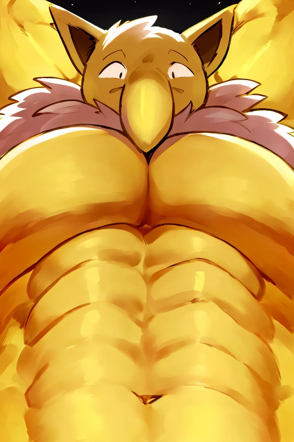 Furry, Anthro, solo, Hypno, Male, (((muscular body, massive male pectorals, yellow skin, fluffy neck, wearing white fur around neck))), ((((massive biceps, wide-eyed, head tilted, upshot pecs)))), ((((((massive bulky torso)))))), naked, upper body, black/yellow spraypainted background, by buta99, by zackary911, by bebebebebe, (((digital painting)))