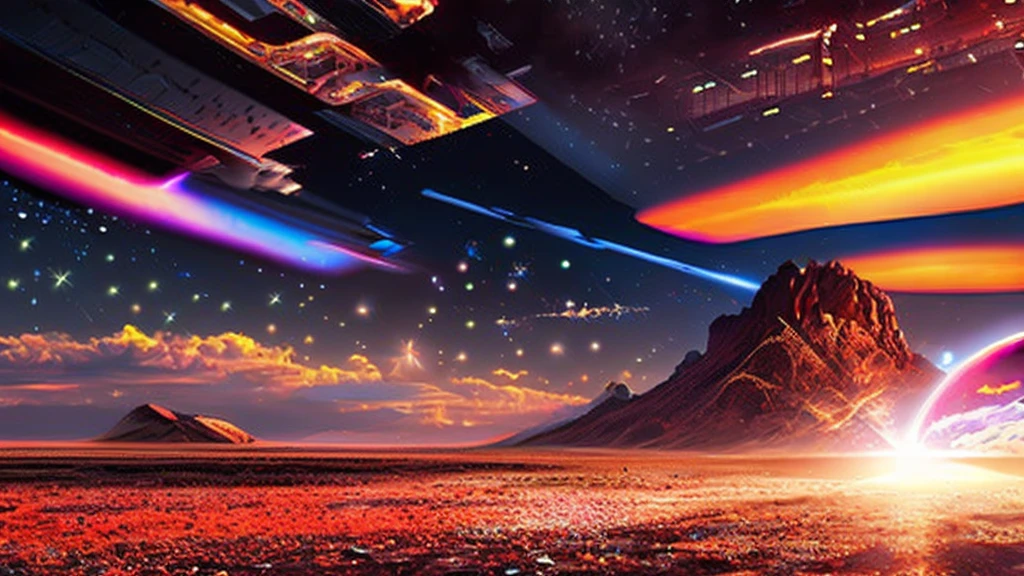 Shiny UFO, alien ship, intense explosion, spaceship attack, rocky alien landscape, dramatic skies, Neon Lighting, surreal atmosphere, Cinematic scene, Science fiction, desert land, electric sparks.