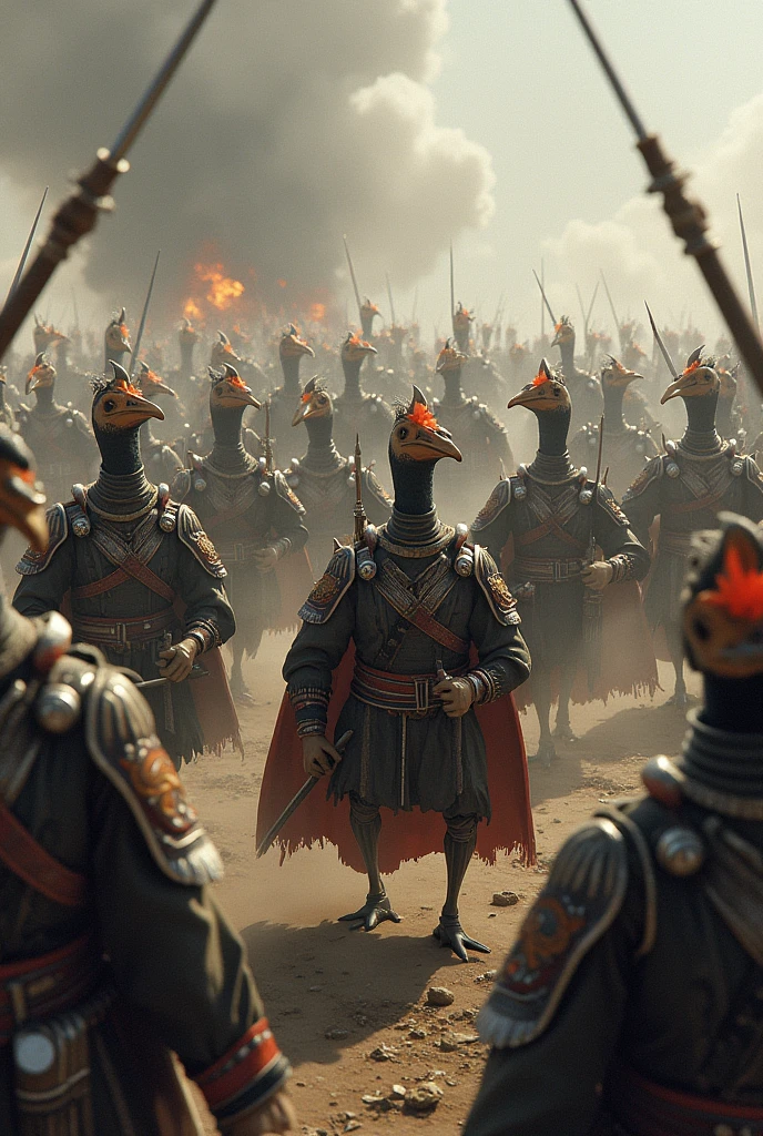 Geese soldiers at war in war uniforms, battalions