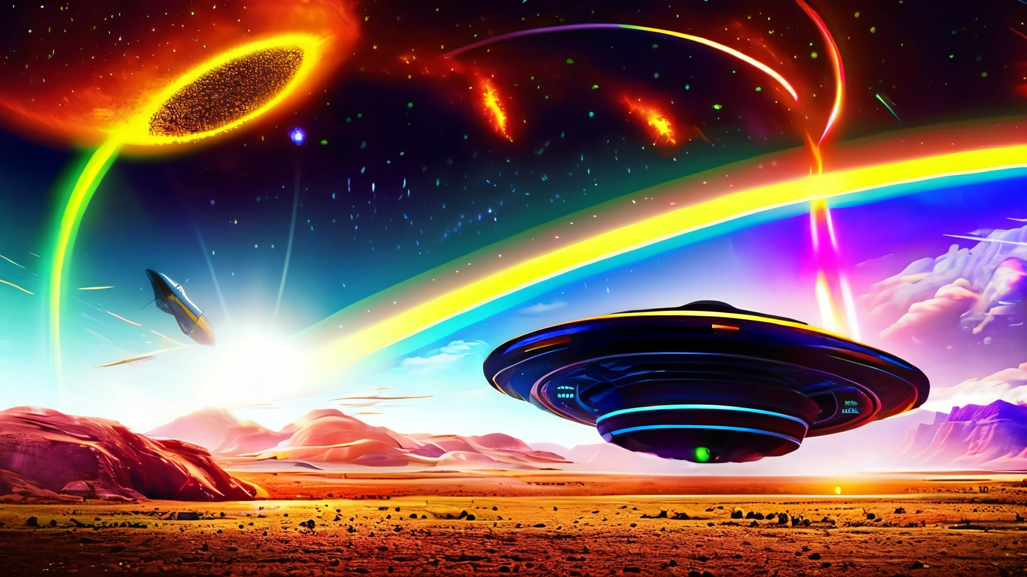 Shiny UFO, alien ship, intense explosion, spaceship attack, rocky alien landscape, dramatic skies, Neon Lighting, surreal atmosphere, Cinematic scene, Science fiction, desert land, electric sparks.