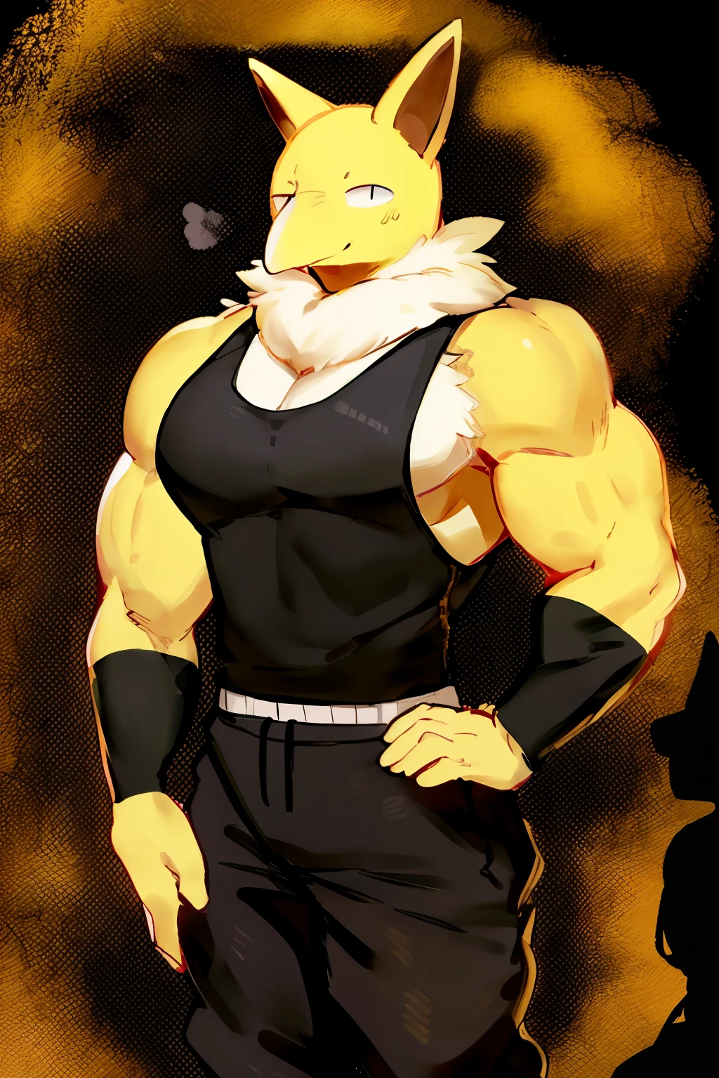 Furry, Anthro, solo, Hypno, Male, (((muscular body, massive male pectorals, yellow skin, fluffy neck, wearing white fur around neck))), ((((massive biceps, wide-eyed, head tilted, happy, )))), ((((((massive bulky torso, facing viewer, wearing black full male tanktop, wearing black sweatpants)))))), upper body, black/yellow spraypainted background, by buta99, by zackary911, by bebebebebe, (((digital painting)))