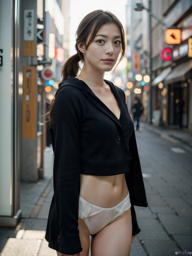 Realistic photo of a beautiful japanese girl in formal suit outfit, on Seoul street, realism, (1 girls), solo, cute, a very cute Japanese pin up woman, ((thigh:1.1)), slender body, (beautiful face), delicate facial features, a fusion of ((young Marion Cotillard's striking eyes: 1.1)) and ((young Anne Hathaway's introspective gaze: 1.2)), long and slender cute face, curved eyebrows, seductive smiling, droopy hooded eyes, low nasal bridge, wavy nose, thin lips, (looking at viewers), (ponytail),18 years young girl, confident looking, 8k, realistic, dark brown hair, fair skin,long hair,clear facial features, make it seductive effect, relaxing,slim, Leica SL3, Summicron-SL 75 f/2 ASPH, Ilford Ilfocolor 400 film, silhouette, rim light,bokeh, dynamic sexy pose, dramatic lighting