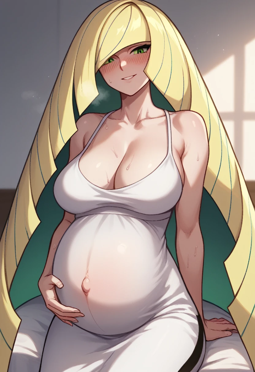 Larger breasts、Cleavage、blush、Sweat、In the heat、pokemonlusamine, blonde hair, green eyes, hair over one eye, long hair, multicolored hair, streaked hair, very long hair,、(The whole body is visible)、(white camisole dress)、Troubled face、Closed eyes、Are standing、Pregnant women:0.5、Sit on the bed、
{Highest quality}, {so beautiful}, {Very detailed}, {Best illustrations}, smile. 