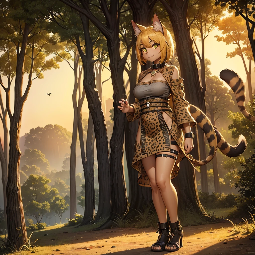 a tribe of fantasy humanoid cheetah-like creatures, highly detailed, realistic, photo-realistic, 8k, best quality, masterpiece, extremely detailed, ultra-detailed, cinematic lighting, dramatic lighting, dynamic pose, epic, intense atmosphere, lush environment, sweeping landscape, grass plains, savanna, striking colors, vibrant colors, warm colors, photorealistic wildlife, hyper-realistic, loincloth, breast drape, long spears, dynamic action, powerful, intimidating, majestic, awe-inspiring