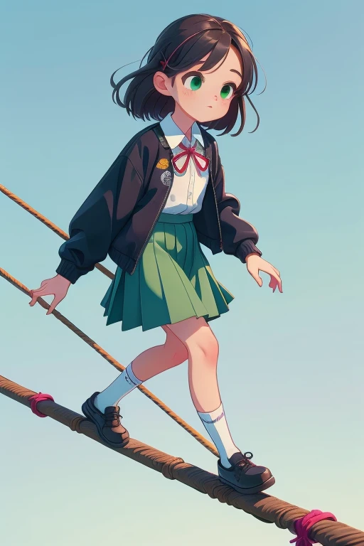 (masterpiece, best quality, detailed:1.5), (walking on tightrope from high sky:1.15), 1girl, solo, green theme, school uniform, black jacket, long sleeves, collared shirt, white shirt, neck ribbon, grey skirt, black socks, footwear,  