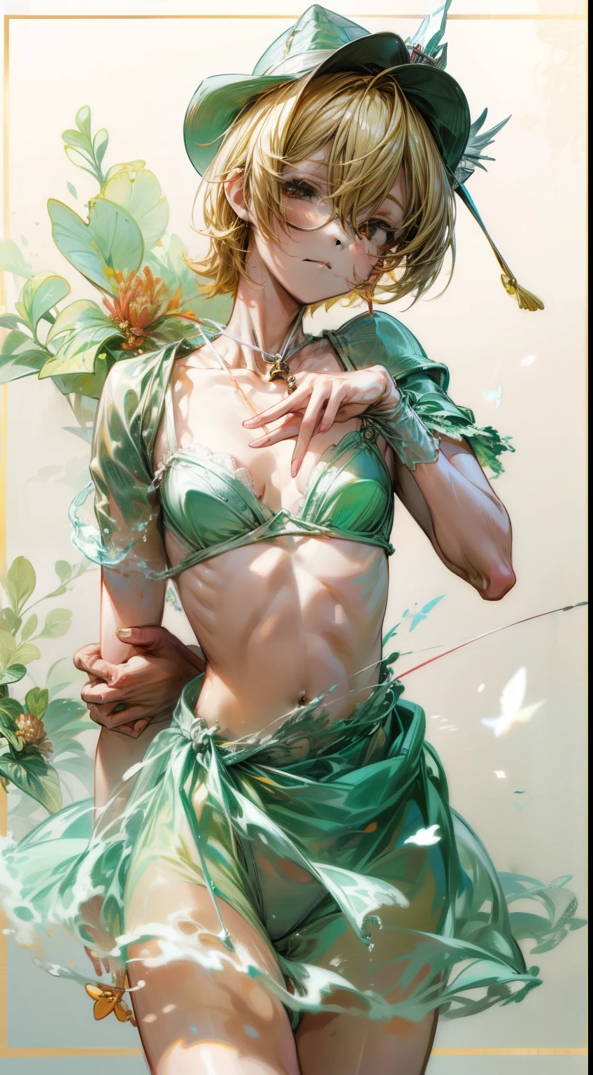 （Marco）,pastel color,Perfect ,don quixote \(limbus company\, Naked、Blonde hair, a beauty girl、eye glasses、middlebreasts、Short hair, hair between eye, Orange Eyes、 String bra、the chest is perfectly visible、pierced nipple、Chain scientist hat from the nipple、Basketball Hand、armor、`She has a book and a sword、(Bachelor's degree in Medieval Europe )､Cowboy style、hiqcgbody