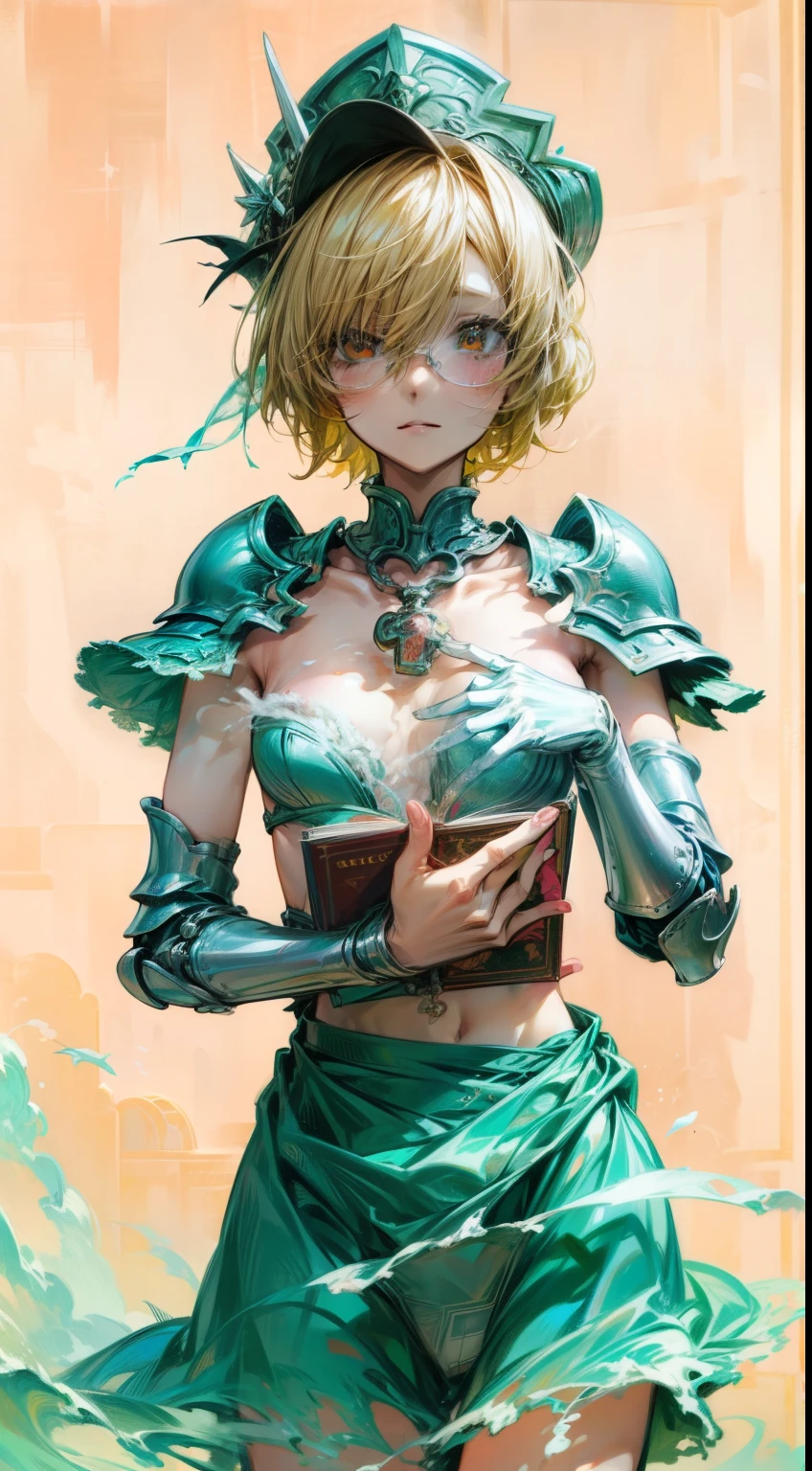 （Marco）,pastel color,Perfect ,don quixote \(limbus company\, Naked、Blonde hair, a beauty girl、eye glasses、middlebreasts、Short hair, hair between eye, Orange Eyes、 String bra、the chest is perfectly visible、pierced nipple、Chain scientist hat from the nipple、Basketball Hand、armor、`She has a book and a sword、(Bachelor's degree in Medieval Europe )､Cowboy style、hiqcgbody