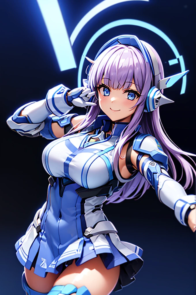 mecha wings、White and blue skirt、Thighs、tights、chest、Light purple hair、1 girl、solo girl、IS、Frame Arms Girl、Alice Gere Aegis、Blue Armor、income、headphone、hand on own chest、smile、idol woman、idol dress