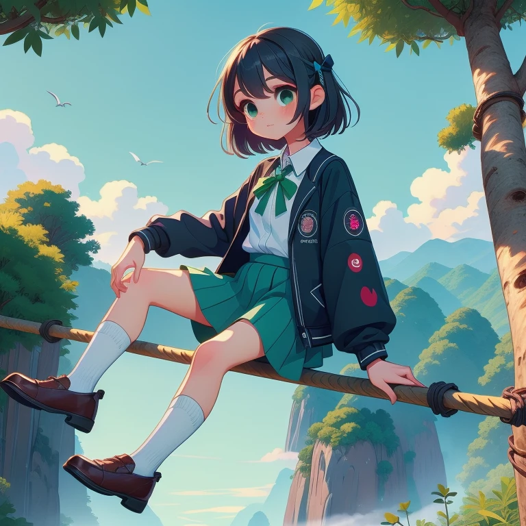 (masterpiece, best quality, detailed:1.5), sitting on tightrope from high sky, 1girl, solo, green theme, school uniform, black jacket, long sleeves, collared shirt, white shirt, neck ribbon, grey skirt, black socks, footwear,  