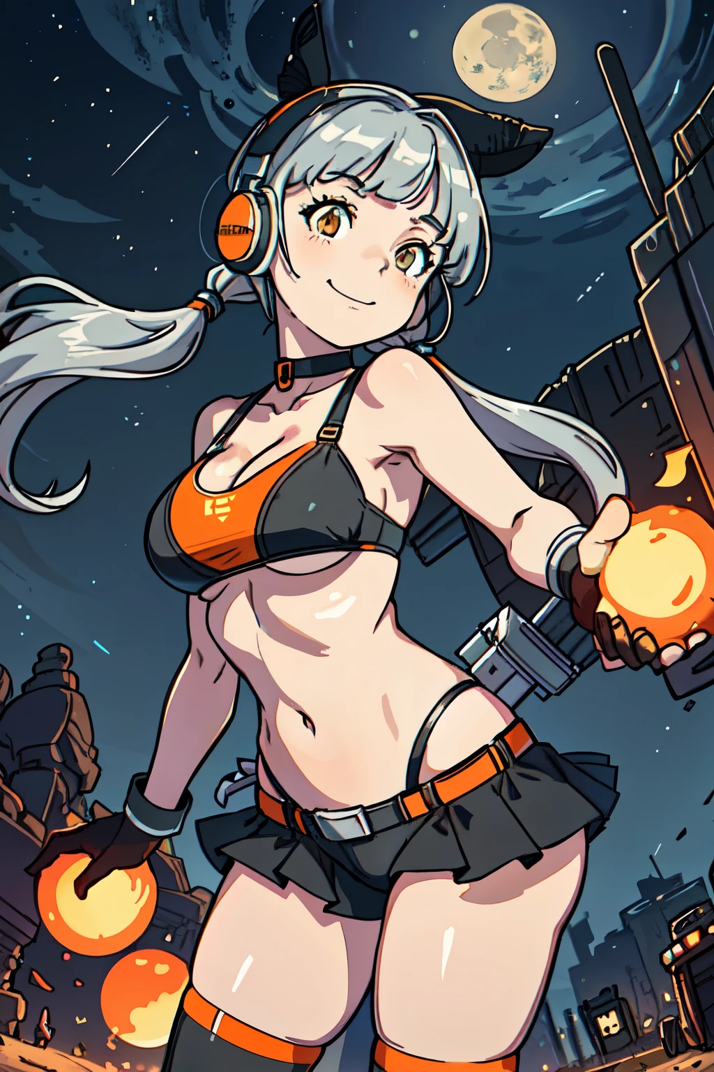 best quality, masterpiece, 1 girl, (front facing, front view shot:1.4), (dutch angle:1.5), (hands on hips:1.1), smiling, (low twintails hair with bangs:1.3), (long side bangs:1.4), (silver and orange bikini:1.3), (headphone:1.2), cloak, gloves, belt, holster, thigh-high socks, (medium breast, cleavage, underboobs:1.3), (desert at midnight:1.5), supermoon, (townscape background:1.3), lively, bustling