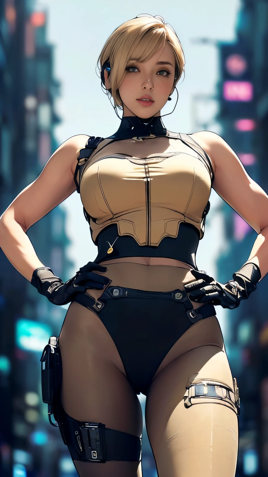 (A woman),(((Future female police officer standing))),((Black Tactical Tights:1.5)),((Camel toe:1.5)),((earphone:1.5)),((Tactical Holster:1.5)),(Gloves:1.5),(((Hands on hips:1.5))),(front:1.5),(From below:1.2),(Super short hair:1.5),(Blonde:1.5),(beautiful eyes:1.3),(Very detailedな顔:1.5),((Very detailedな女性の手の描画:1.5)),((muscular:1.5)),(Sexy look:1.5),((Thick thighs:1.5)),(Beautiful Body:1.5),((Very sensual:1.5)),(The backdrop is a futuristic city:1.5),(Cyberpunk atmosphere:1.5),(((Blurred background:1.5))),(Written border depth:1.5),rest(((masterpiece:1.5),(best quality:1.5),(Very detailed:1.5),(high resolution:1.5),(Practical:1.5),(Practical:1.5),(Delicate depiction),(carefully drawn))),8K,wallpaper
