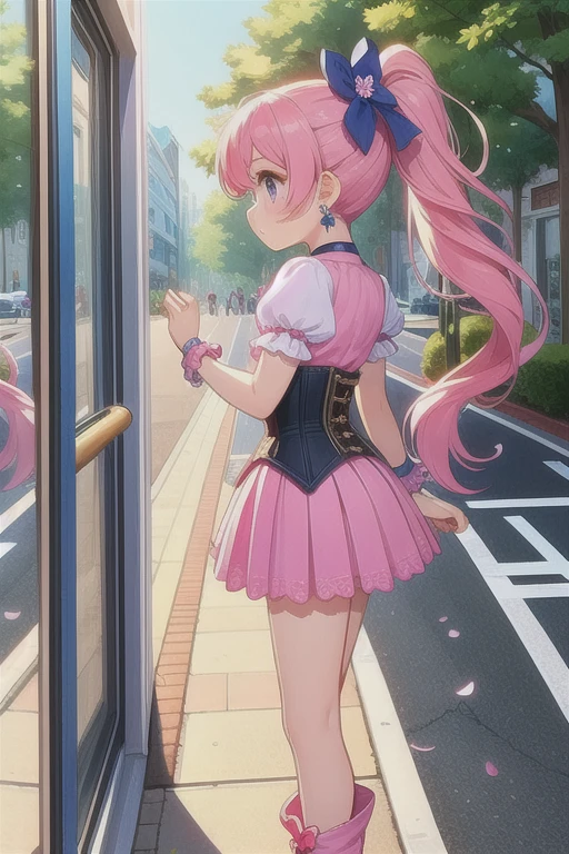 (masterpiece, best quality, detailed:1.5),  showcase glass, mirror, from side, corset, pleated shirt, button skirt, sidewalk, (cure blossom:1.3) long ponytail, hair ribbon, wrist cuffs, gem, flower earrings, boots, choker, shorts under skirt, pink shorts