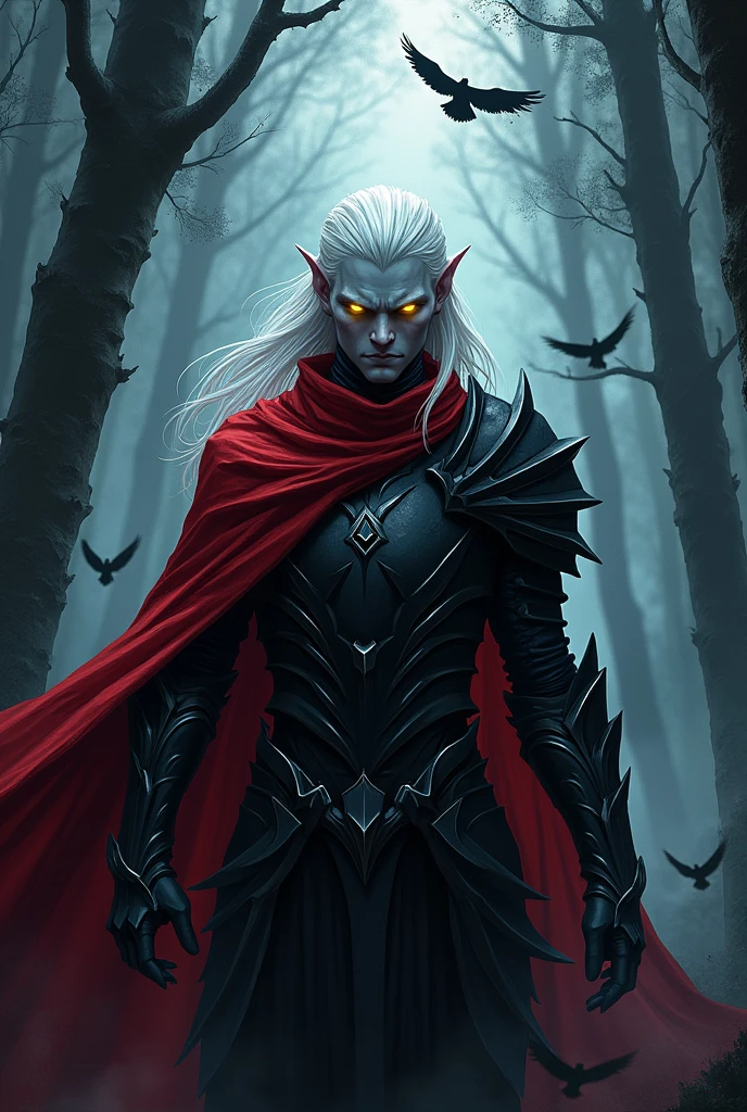 drow, male, male focus, pointy ears, red eyes, elf, white hair,necromancer, upper body, closed mouth, long hair, pauldrons, colored skin, looking at viewer