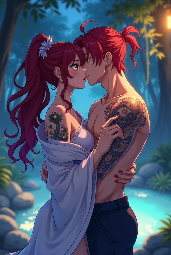 score_9, score_8_up, score_7_up, source_anime, 1 woman, 1 man, mature woman, long intense red hair long hair, red lipstick, red bra, covered in red veils, hands in her waist, lying in a waterfall, with a 1 man, white poited hair, black beard, strong, night, huging, full moon, red lights, 
