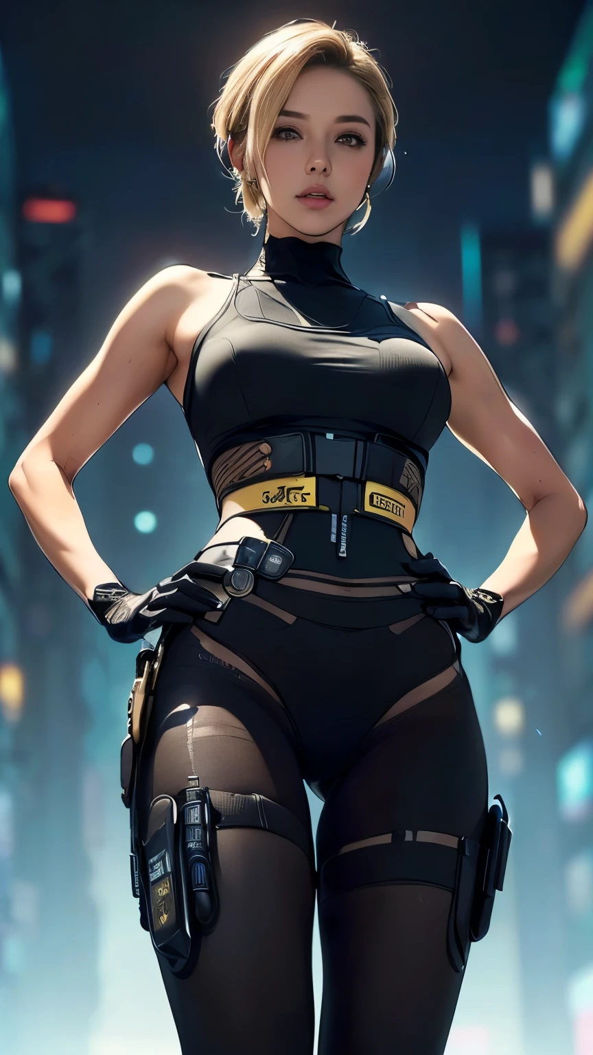 (A woman),(((Future female police officer standing))),((Black Tactical Tights:1.5)),((Camel toe:1.5)),((earphone:1.5)),((Tactical Holster:1.5)),(Gloves:1.5),(((Hands on hips:1.5))),(front:1.5),(From below:1.2),(Super short hair:1.5),(Blonde:1.5),(beautiful eyes:1.3),(Very detailedな顔:1.5),((Very detailedな女性の手の描画:1.5)),((muscular:1.5)),(Sexy look:1.5),((Thick thighs:1.5)),(Beautiful Body:1.5),((Very sensual:1.5)),(The backdrop is a futuristic city:1.5),(Cyberpunk atmosphere:1.5),(((Blurred background:1.5))),(Written border depth:1.5),rest(((masterpiece:1.5),(best quality:1.5),(Very detailed:1.5),(high resolution:1.5),(Practical:1.5),(Practical:1.5),(Delicate depiction),(carefully drawn))),8K,wallpaper