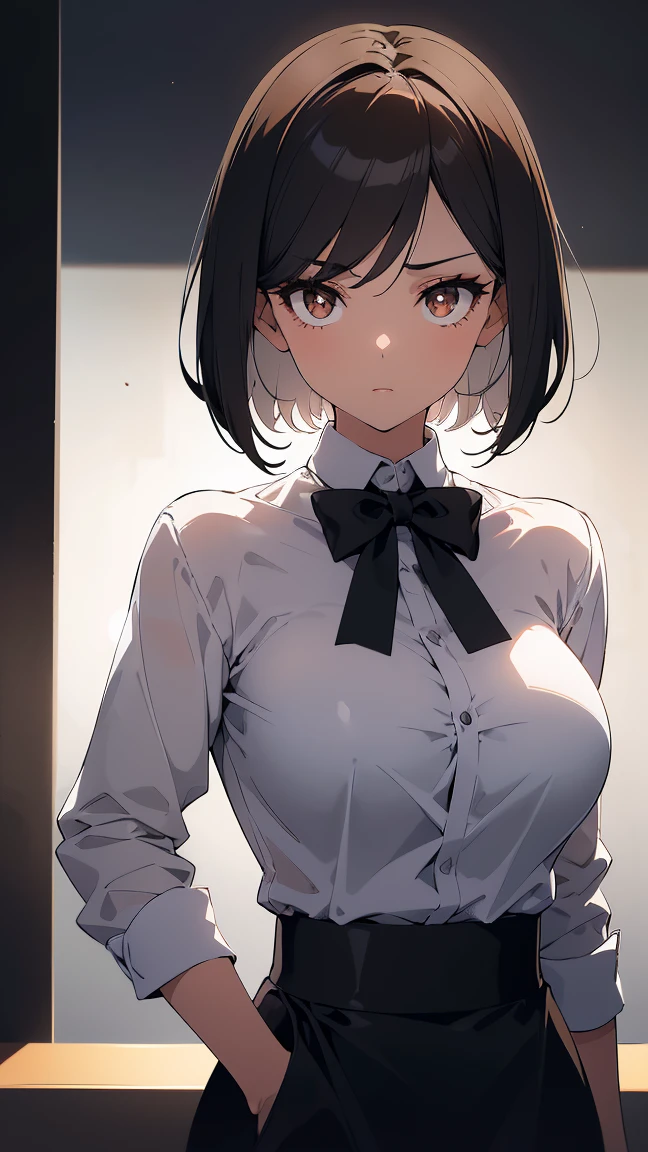 The girl wearing in office uniform. She has a big penis. She was wearing a skirt. She show her penis. Big breasts. The hairstyle is short cut。 the skin is tanned and black,. Sweating, clothes becoming transparent. She is doing masterbation by own penis.
