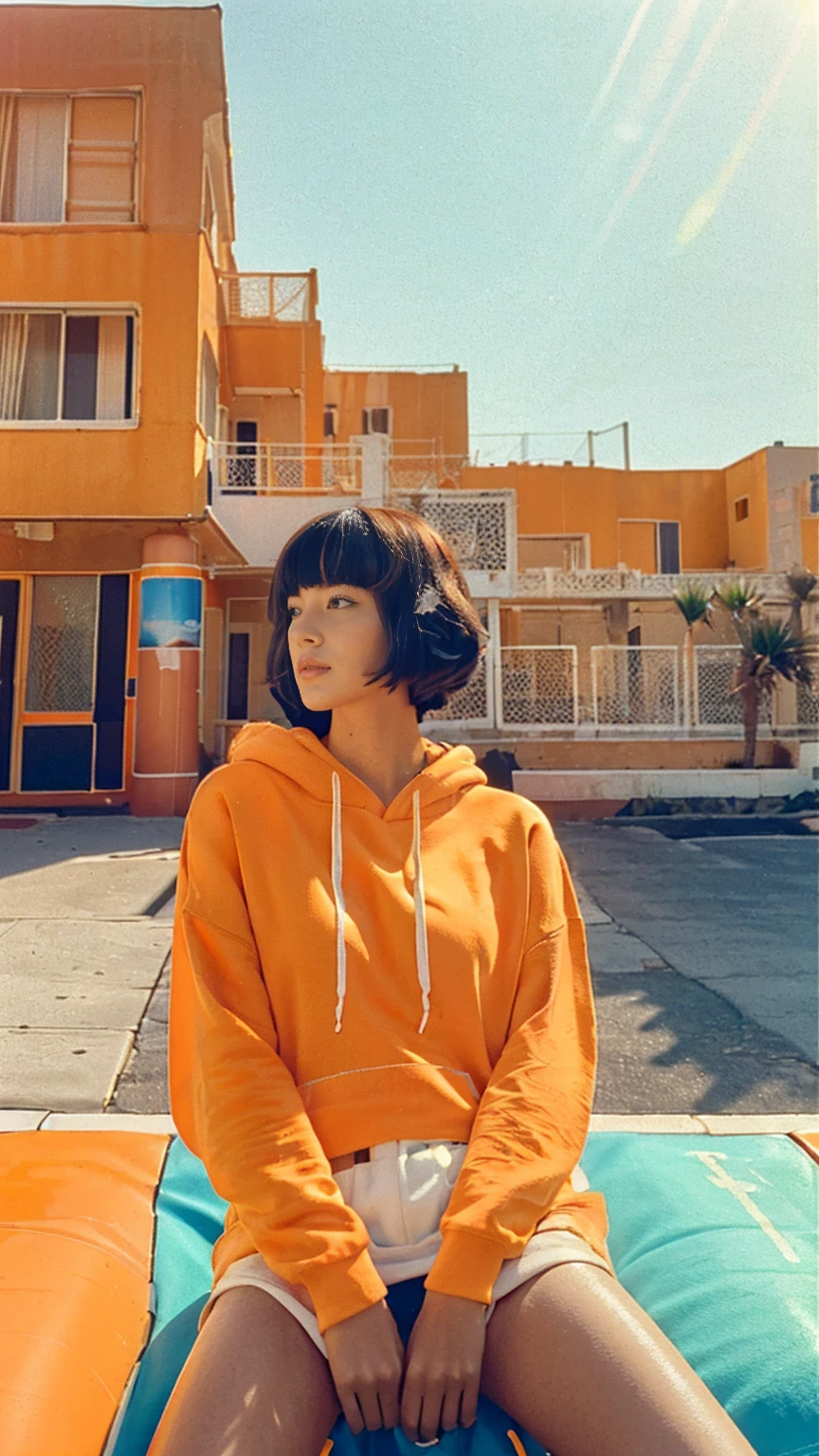 ((long cinematic photoshot)),best quality,masterpiece,ultra high resolution,(Realistic),Original Photo, 1Girl, light leak,wear ((orange oversize hoodie)),black bob hairstyles,background ((80's colourful pastel mondrian architecture)),palm trees,sunny,summer, loooking of the camera, casual photo, los Angles vibes,(surreal:1.2),(very detailed:1.1) 