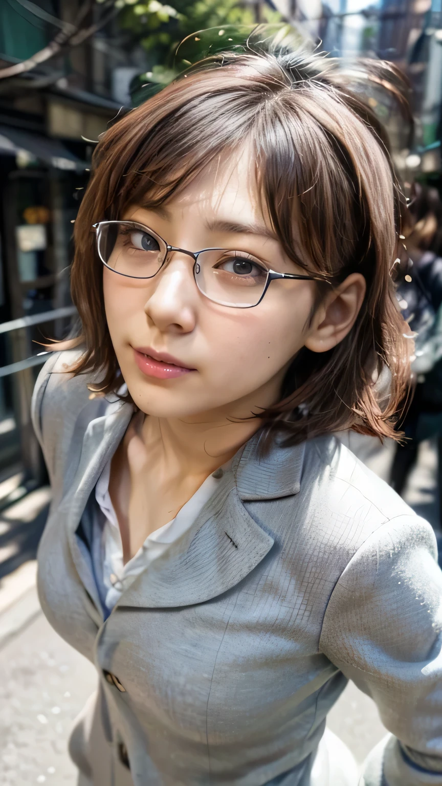 20-year-old women１people、Glasses、(Realistic、Like a photograph、Live Action、8k, Realistic, RAW Photos, Best image quality: 1.4), Single-lens reflex camera、RAW Photos, Highest quality, Realistic, Highly detailed CG Unity 8k wallpaper, Written boundary depth, Cinematic Light, Lens flare, Ray Tracing, Realistic background、((ultra high density skin))、suit、Tight Street、Walking the streets of Tokyo、(The whole body is visible:1.38)