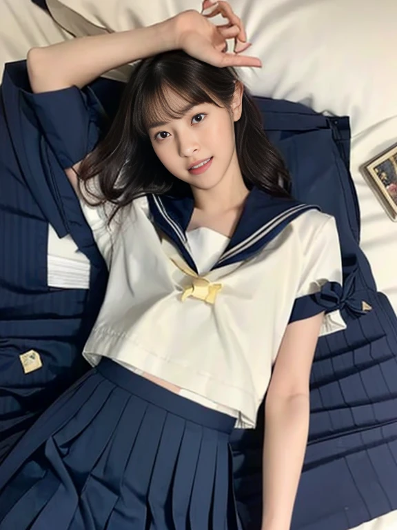 (Masterpiece, Best quality:1.4), (Ultra realistic, Photo-realistic:1.2), (Woman lying down on bed:1.2), (overhead shot:1.2), Natural light, actress, Japanese woman, Neat and clean, (Sailor suit, School, short sleeve suit:1.2), (Dark navy pleated skirt:1.3), (Dark navy ribbon:1.2), White socks, (Short wavy hair:1.2), Ponytail, Ponytail, Light brown hair color, (Beautiful Face), Oval face, clear, Beautiful eyes, Kind eyes, Clear skin, Small face, (Small mouth, Beautiful mouth), Natural makeup, Approachable, Luxury hotel Suite room, (Beautiful thighs:1.2), (Bedroom eyes), knees up,