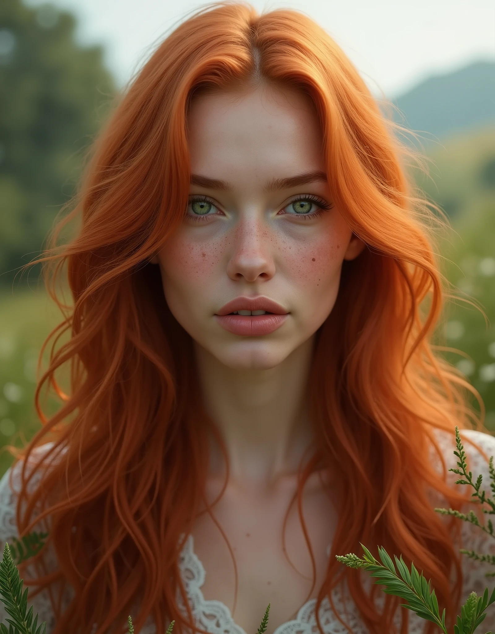 (best quality,4k,8k,highres,masterpiece:1.2),ultra-detailed,(realistic,photorealistic,photo-realistic:1.37),redhead girl nude ,portrait,pale skin,beautiful detailed eyes,freckles,lovely smile,lush red hair cascading down her back,curvaceous figure,barefoot in a lush garden,soft sunlight illuminating her,subtle shadows playing on her skin,ethereal atmosphere,colorful flowers blooming around her,delicate petals floating in the air,golden hour lighting casting a warm glow,serene and natural surroundings,subtle breeze gently rustling the leaves,peaceful and calm ambiance.
