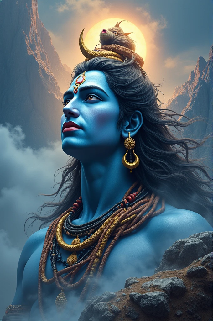 Blue skin，dreadlock hair，Male Lord Shiva，slender，pink there，a moon，，natta，lake