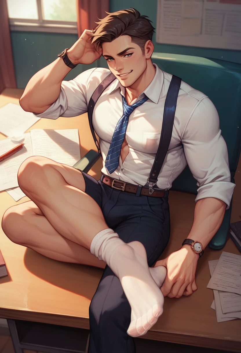 Character portrait, full body, muscular handsome guy wearing black suit white shirt on upper body, light blue thong on lower body, sitting on white office chair, wearing watch, wearing white socks, blue sneakers