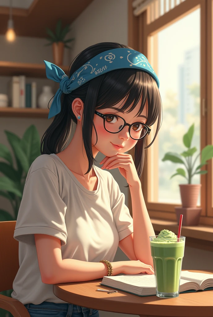 a cute glasses girl eating noodle, 3d style, cartoon