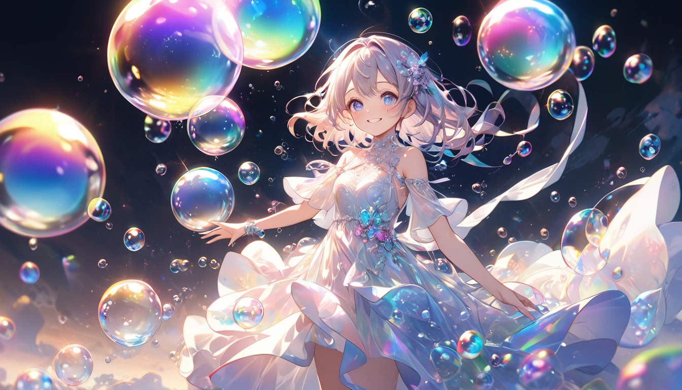 (masterpiece), (Highest quality), (Very detailed),(Messy Hair),(shape), (1 girl), (Kindergarteners)Fine and beautiful eyes,Delicate and beautiful face,floating,(High saturation),(Pearl Accessories),Pearl Ball Bubble,(The Shining),Focus on the face, Sit on a pearl ball, (((Panty shot)))