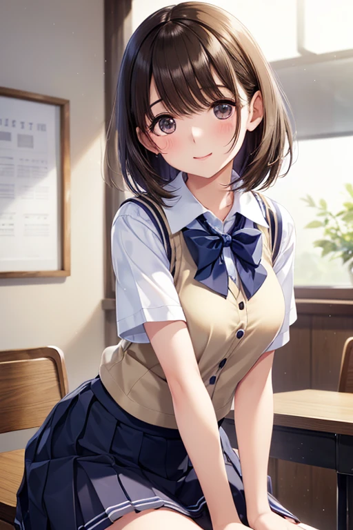 NSFW,Minami Kotori、Brown Hair、（Brown eyes：1.5）、One side up、ヘアribbon、ribbon、Long Hair、Blue Skirt、Otonokizaka Academy uniform、Pleated skirt、、(Perfect hands),(Perfect Anatomy),(masterpiece),(Highest quality),School,Embarrassed,blush