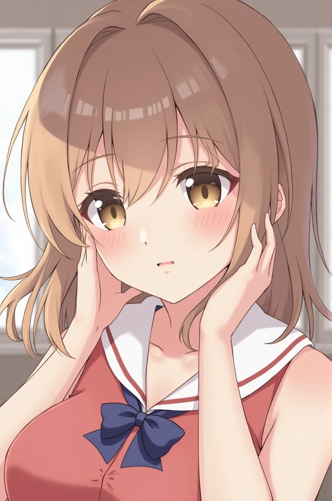 Score_9, Score_8_up, Score_7_up, Score_6_up, Score_5_up, Score_4_up, 1girl, brunette, intense pleasure, headshot, worried, embarrassed, lip biting, blushing, cleavage, topless, breast grabbing, sky up, looking away, tits moderate