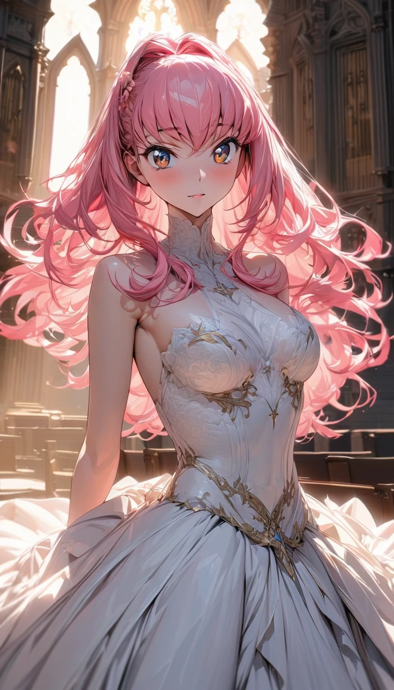 best quality, 32k, RAW photo, incredibly absurdres, extremely detailed, delicate texture, beautiful Heavenly Maiden's Dance, hair over one eye, amorous and lewd expression, translucent and fluttery pastel colored hagoromo dress, mysterious, superlative body proportion, background iridescent, pink, orange, scattered gold dust