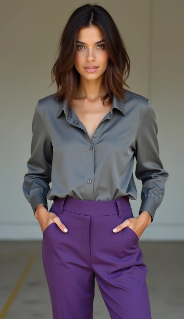 In this cinematic portrait, an elegant Indian model stands poised, dressed in a sophisticated brown kurti with intricate floral patterns. The kurti features a round neckline with a subtle front slit, elbow-length sleeves, and a straight cut that falls just below the knee with side slits for ease of movement. She pairs it with stylish white strappy heels, adding a modern twist to her traditional outfit.

The model's posture is confident and graceful, with one hand resting on her hip and the other holding a chic white tote bag. Her soft smile and engaging eyes create a captivating connection with the viewer. The dark background and expert use of rim lighting highlight her silhouette, while key lights accentuate the rich textures and details of the kurti. The interplay of light and shadow adds depth and dimension, creating a timeless and elegant ambiance. This cinematic lighting effect enhances the model's natural beauty and the sophisticated charm of her attire.