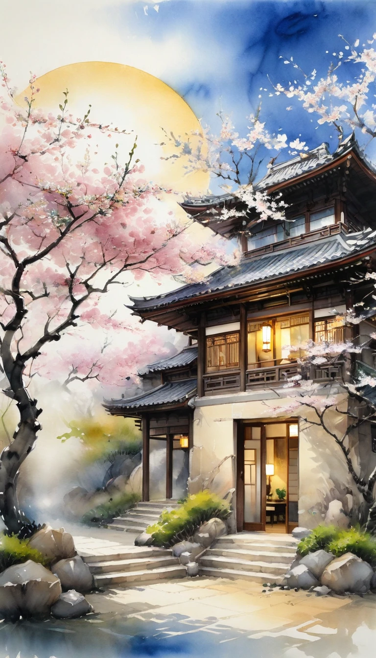 In the courtyard of ancient building.The sun shines under the cherry blossom trees,gently illuminates the entire scene,To present a harmonious fusion of natural beauty and artistic charm。Watercolor painting with elegance、Quiet style expresses natural scenery,Integrate the essence of oriental art into it skillfully。Smooth strokes of ink、Elegant tones and rustic paper texture,Together we create a peaceful and peaceful artistic atmosphere.。The overall effect appropriately reflects the inner charm of oriental art。