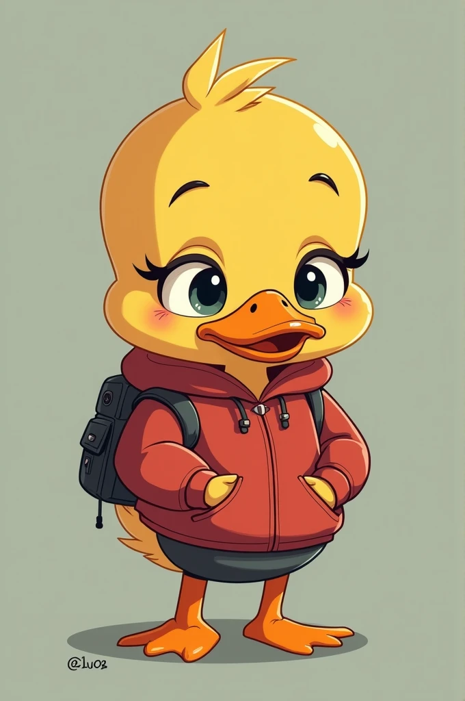 female
duck 
moody demeanor 
with clothing 
small & chubby
cartoon and modern art style 