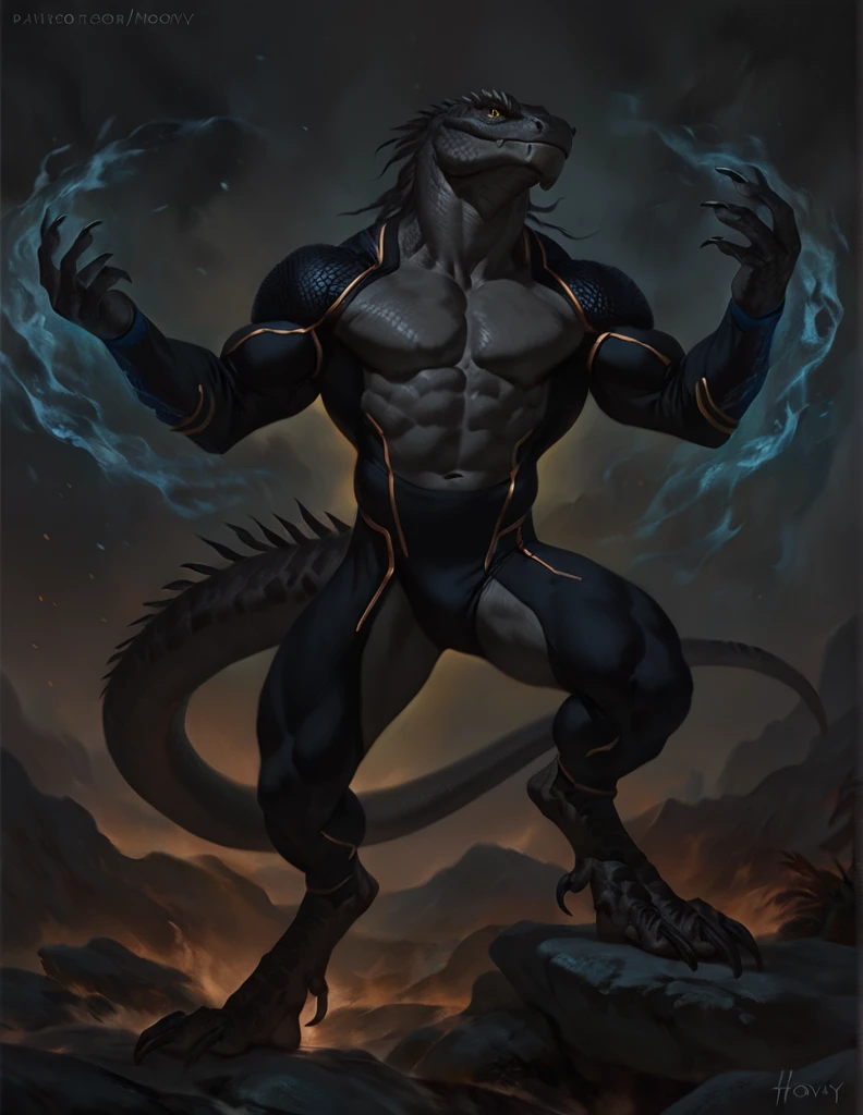 a ferocious male lizardfolk druid, muscular detailed body, gray color body, yellow eyes, masculine pose, tall topless, magic bodysuit, comic book style illustration, best quality, 4k, ultra-detailed, realistic, by laobai, by taran fiddler, by honovy