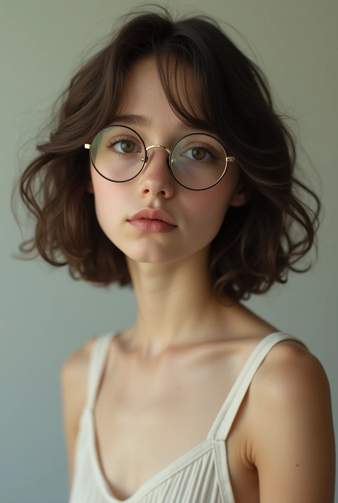  white girl with short curly hair, light brown, with round glasses naked