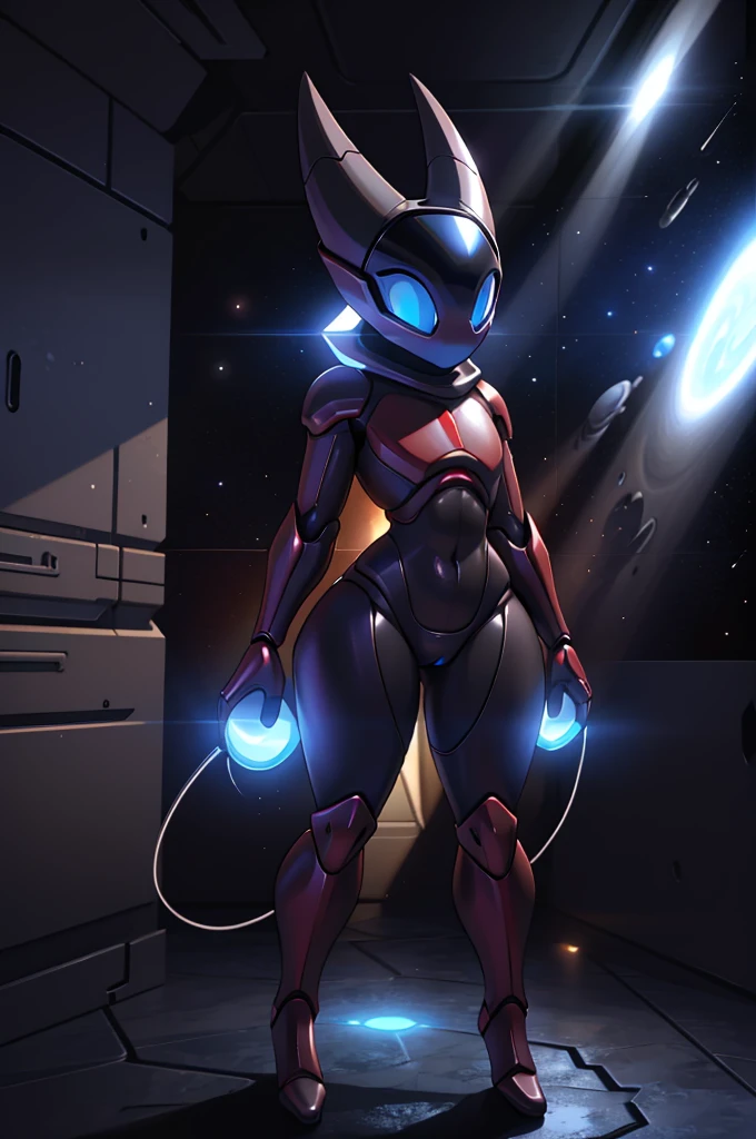 (masterpiece), ((perfect anatomy)), (high Res), (4k), hornet, ((insectoid)), ((segmented body)), ((insect body parts)), (((black enclosed helmet with a glowing blue visor))), black body, 3 fingers(index, middle and thumps), flat chest, wide hips, (((full body red metallic space armor))), (((solo))), narrow waist, (anime artstyle), (((glowing blue eyes))) ((outer space)), dynamic possing