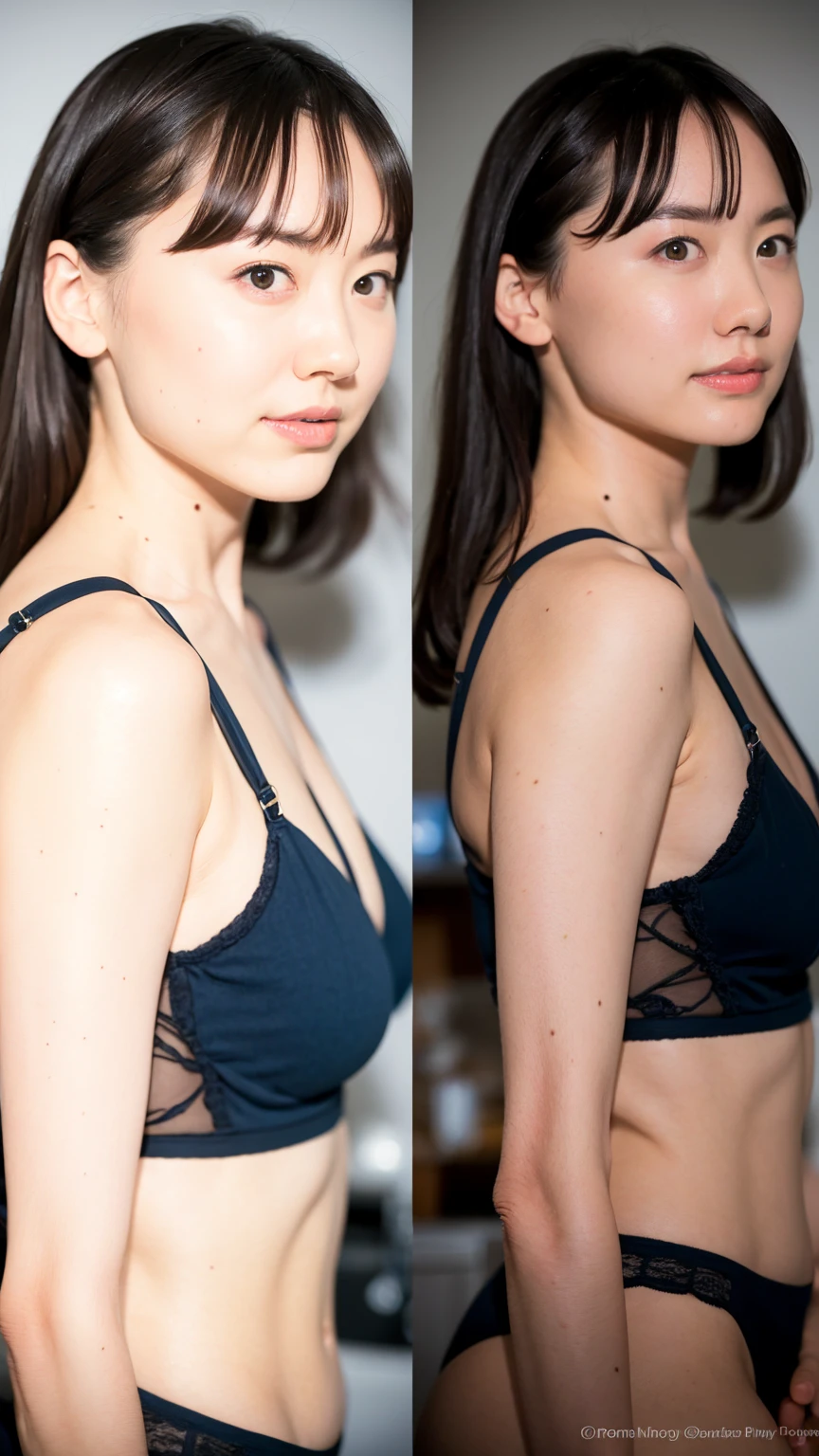  Highest quality, Ultra-high resolution, (Realistic:1.4),Two women getting changed in a changing room, bra,Panties,One has a bob haircut,One of them has a ponytail,different color underwear,Realistic Background, Highly detailed background,Depth of written boundary,Detailed face,Shiny, whole body, Thin legs,(Facing forward:1.5)