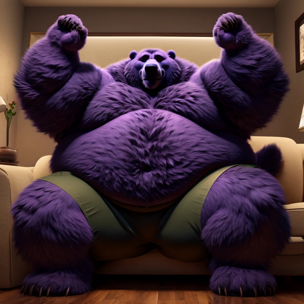 Fat Huge 500 Pounds Daddy Furry BlackBerry Beast Grizzly Bear Big Belly, and Large Chunky body and wearing Black Shorts, sitting on the Sofa, His Belly is Bigger, Huge, Fat, Chunky, Furry, Big, and Huge, have hus arms up and wanting a hug