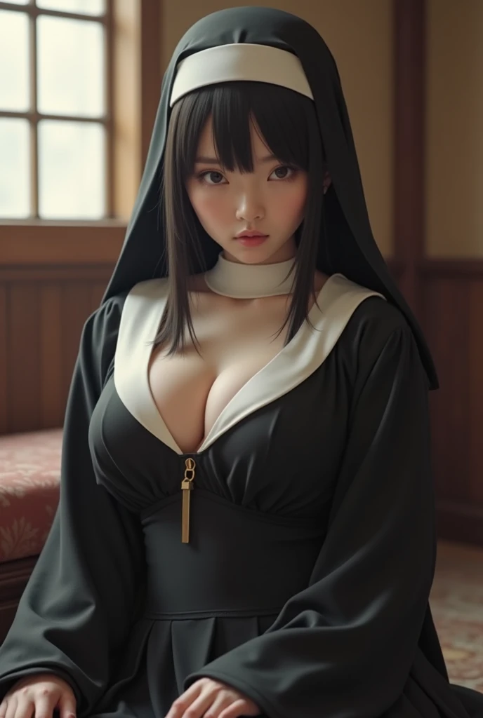 best quality, ultra-detailed, realistic: 1.37, nun, no clothes, breast piercing, no panties and bra, sweet and shy girl, captivating expression, dark background, soft lighting, portrait style, bright colors, subtle shadows, long eyelashes, delicate facial features, rosy blush, soft smile, shy eyes